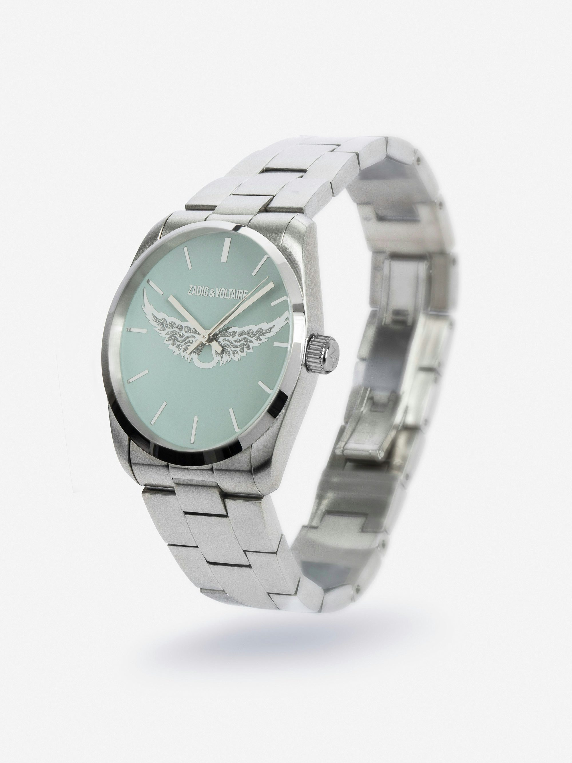 Zadig Wings Watch - Stainless steel watch with light blue dial featuring wing motifs.